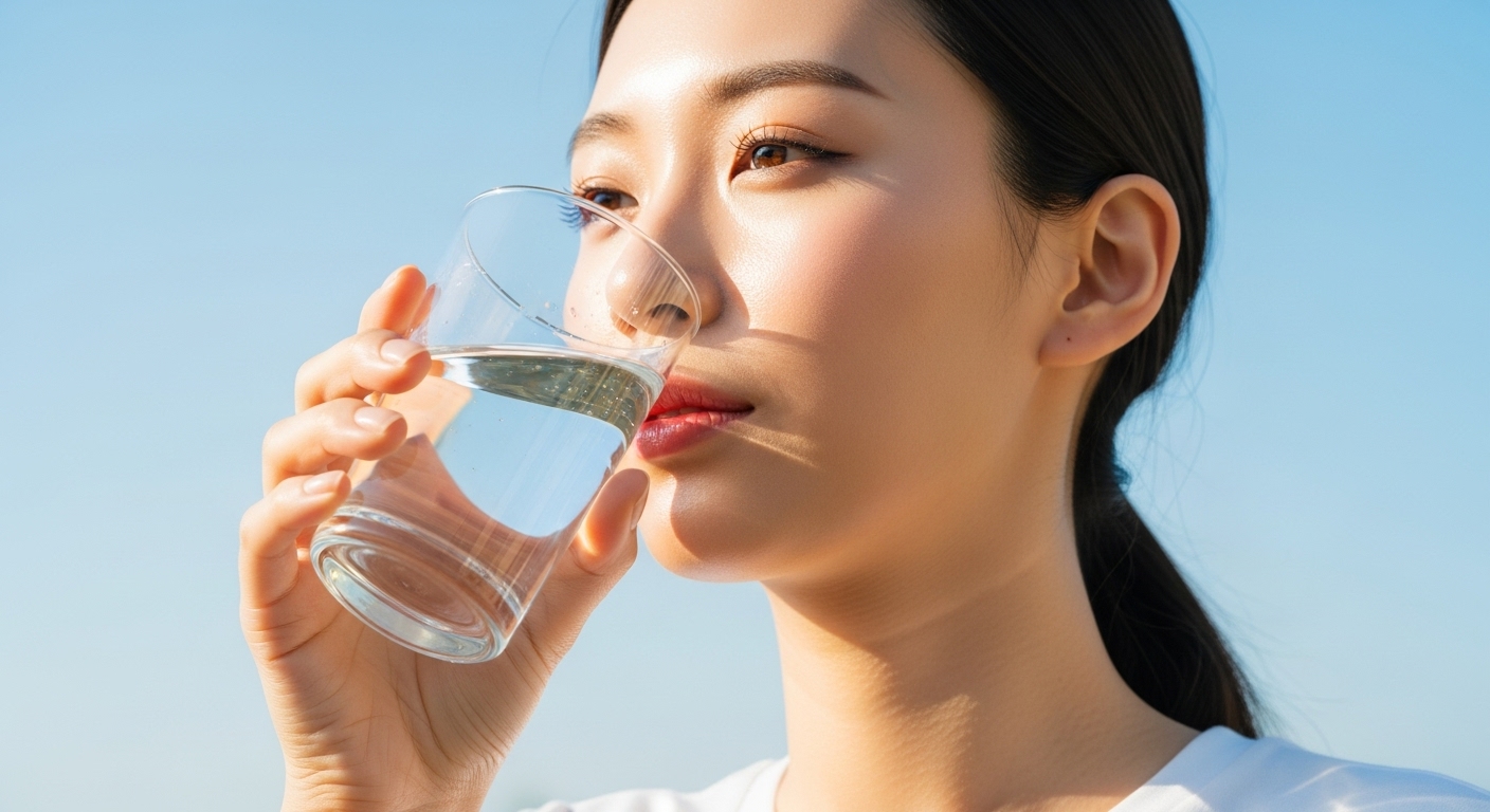 밝은 조명 아래에서 물을 마시는 여성 클로즈업