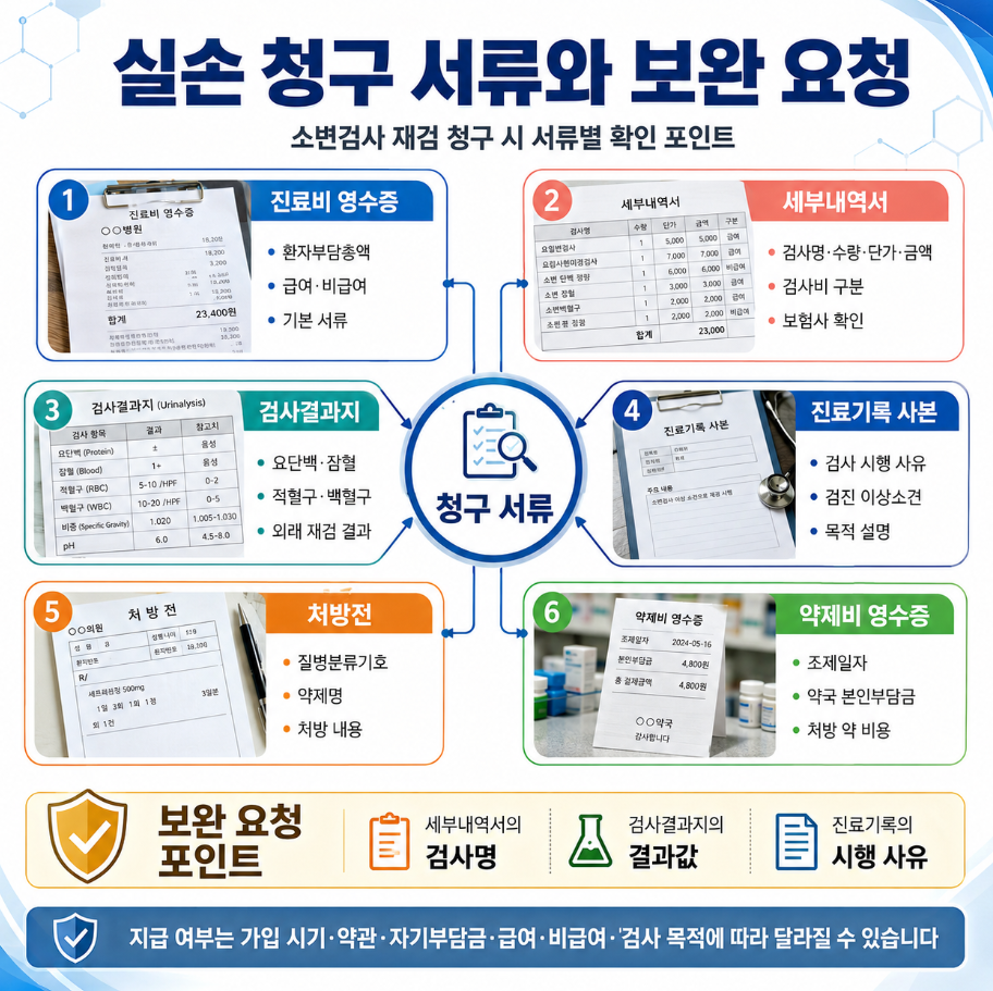 소변검사 재검 실손 청구에 필요한 영수증, 세부내역서, 검사결과지, 진료기록 사본, 처방전, 약제비 영수증을 정리한 의료 인포그래픽