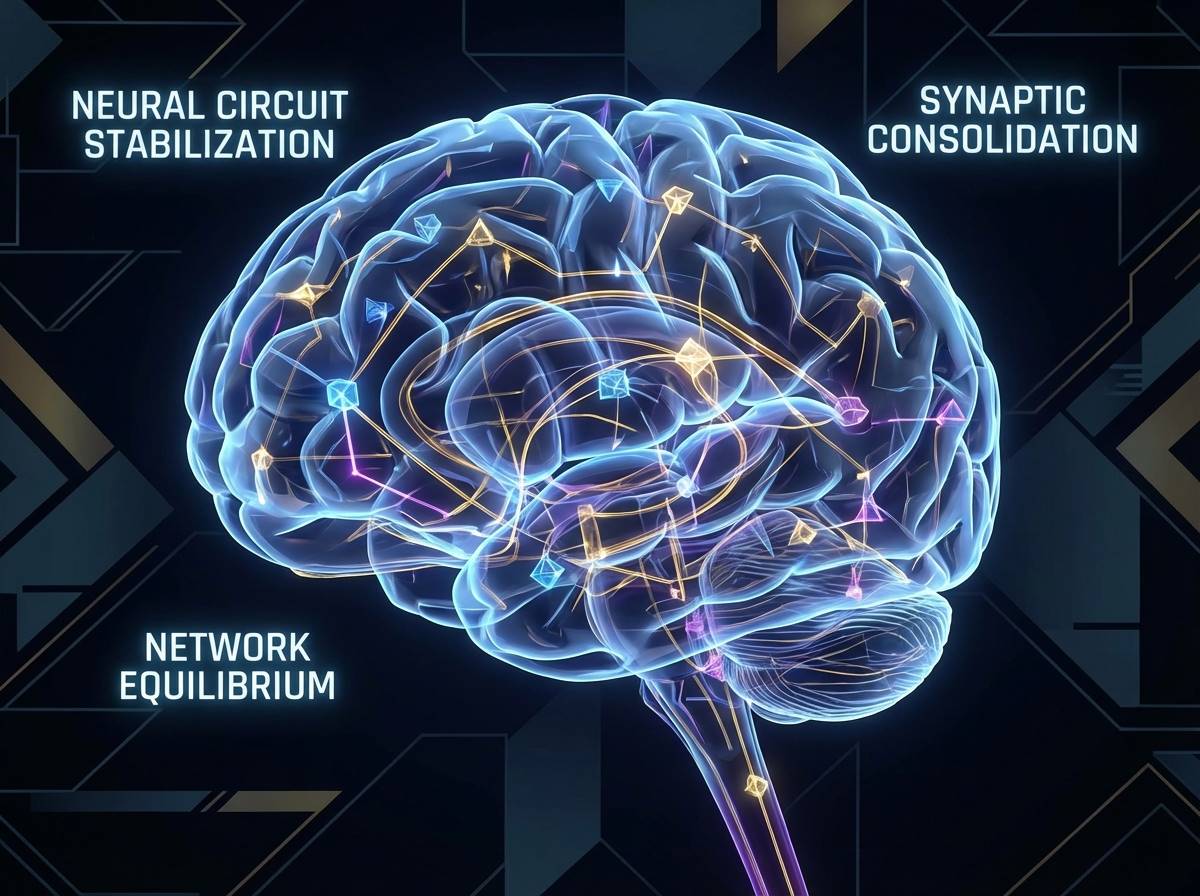 뇌의 신경 회로가 밝게 빛나며 안정되는 메커니즘을 보여주는 세련된 3D 그래픽 이미지