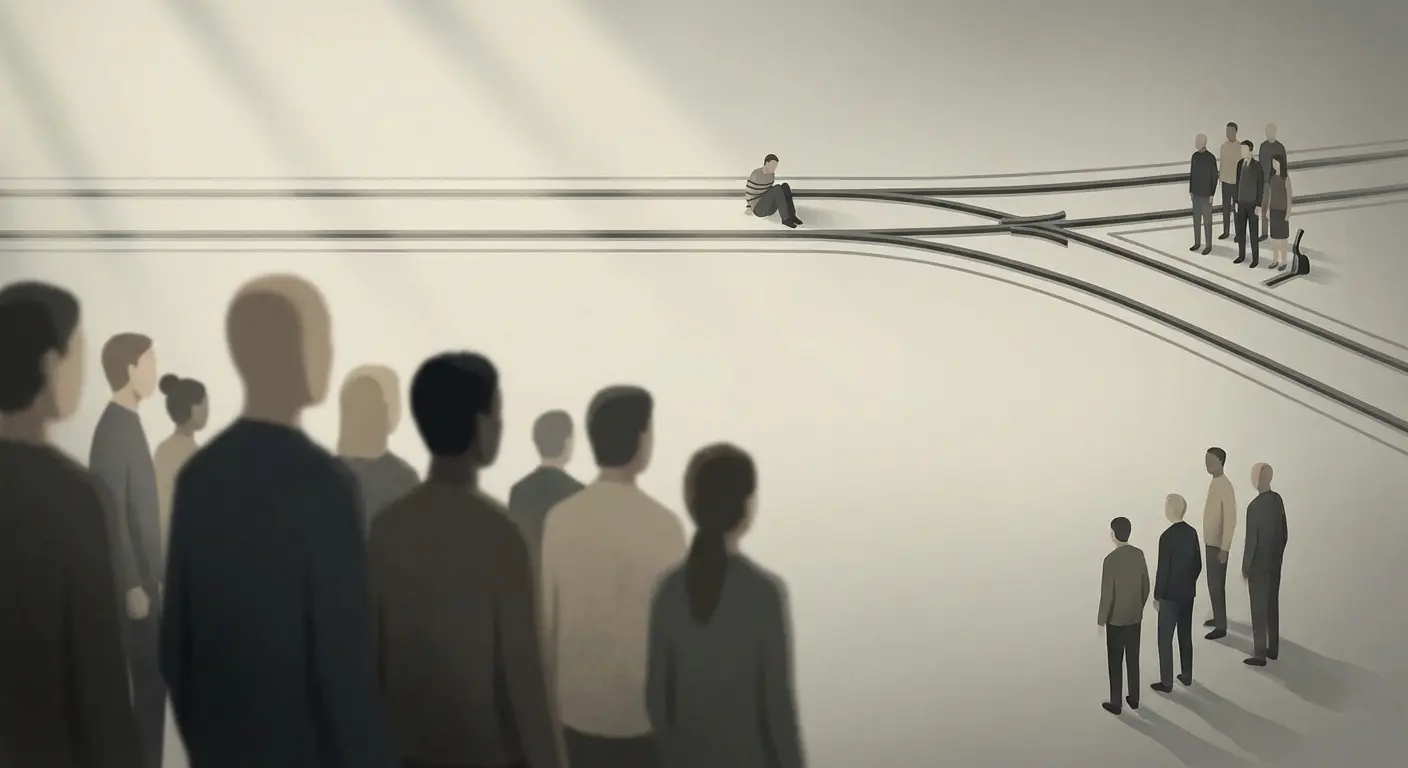 An illustration connecting the bystander effect with the trolley problem, showing multiple observers and shared inaction
