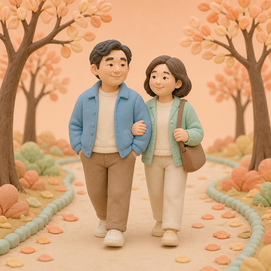 공원 산책길을 가벼운 차림으로 걷는 직장인 부부