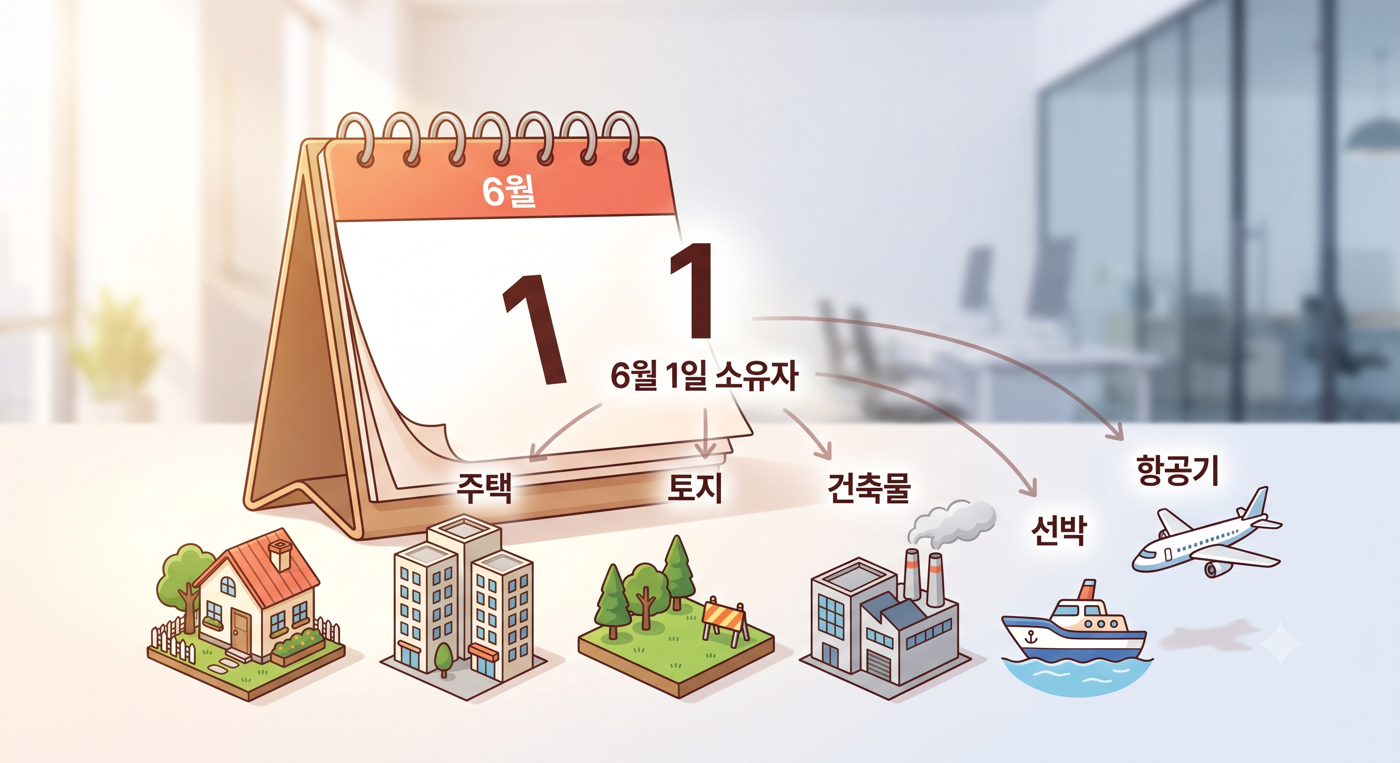 6월 1일 소유자를 기준으로 재산세가 부과되는 주택, 토지, 건축물, 선박, 항공기 등 재산세 납부 대상을 설명하는 인포그래픽 이미지