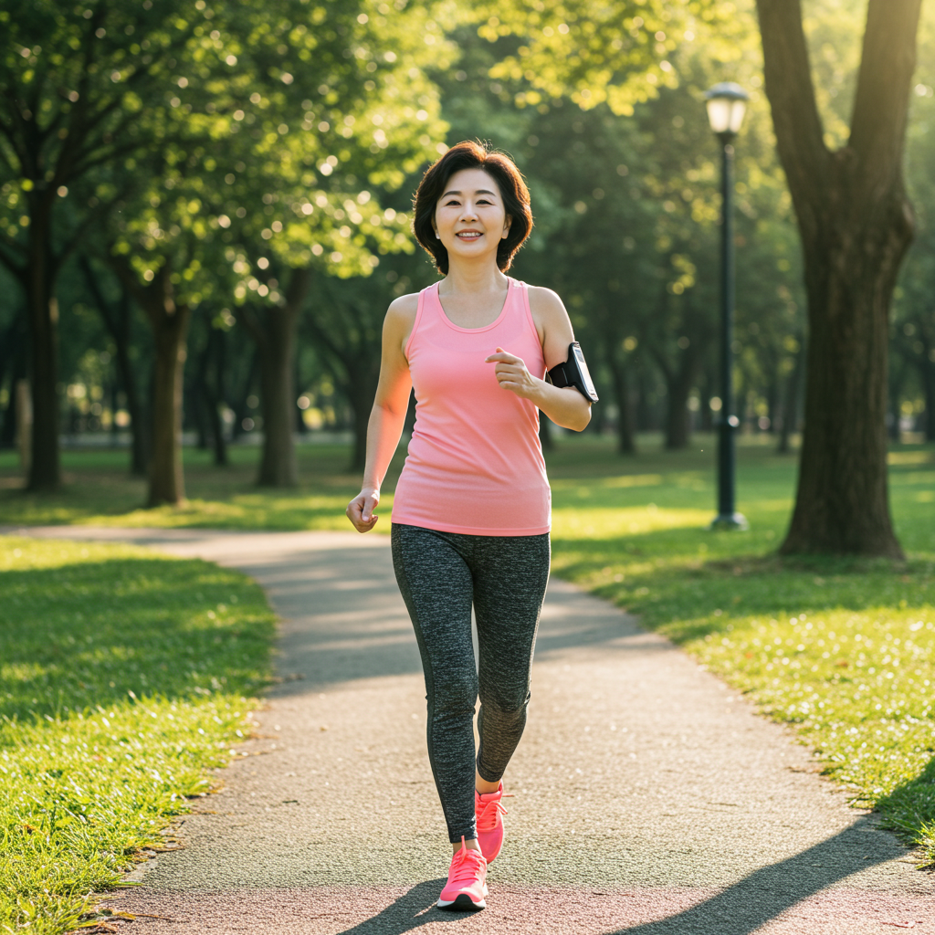 식후 혈당 관리를 위해 공원에서 기분 좋게 걷기 운동을 하고 있는 건강한 중년 여성의 모습