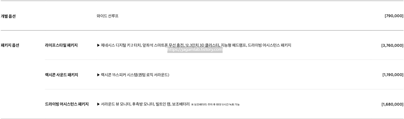 2026 G70 슈팅 브레이크 와이드 선루프, 라이프스타일 패키지, 렉시콘 사운드 패키지, 드라이빙 어시스턴스 패키지 선택 품목