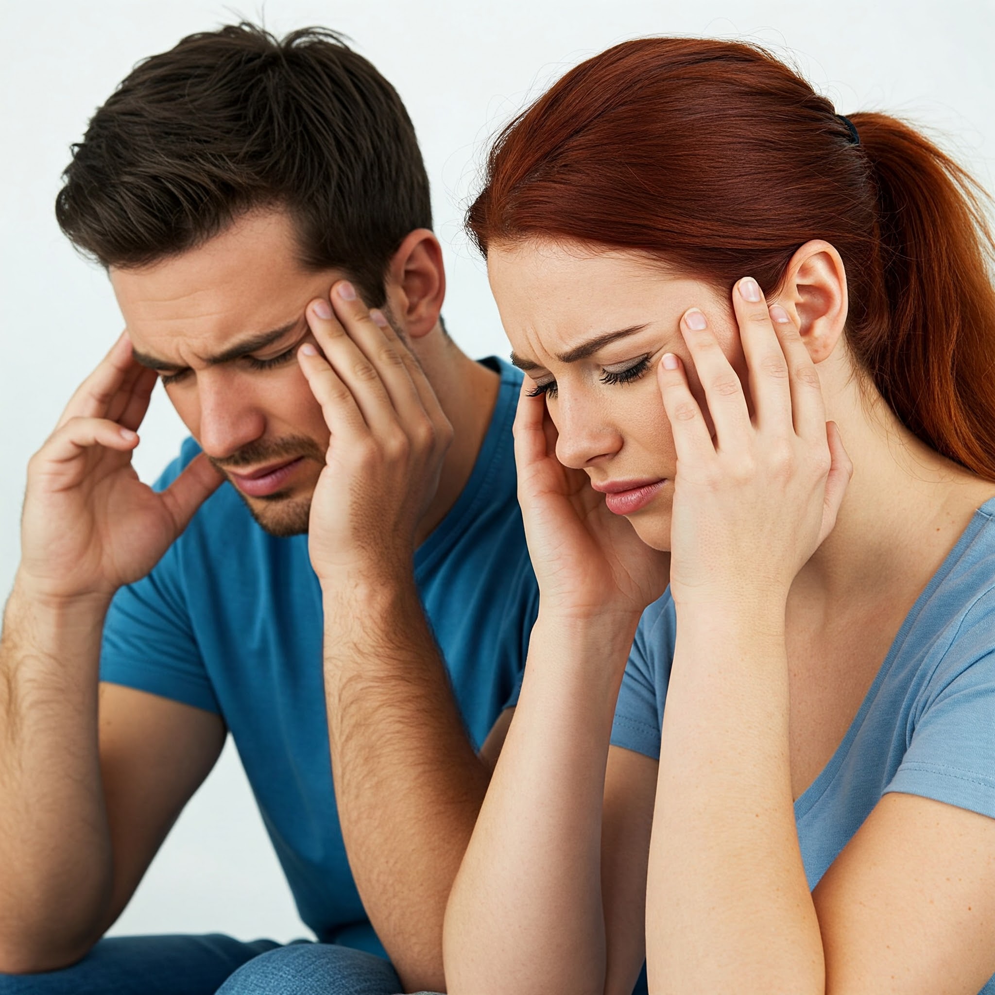 두통에 힘들어하는 성인 남녀