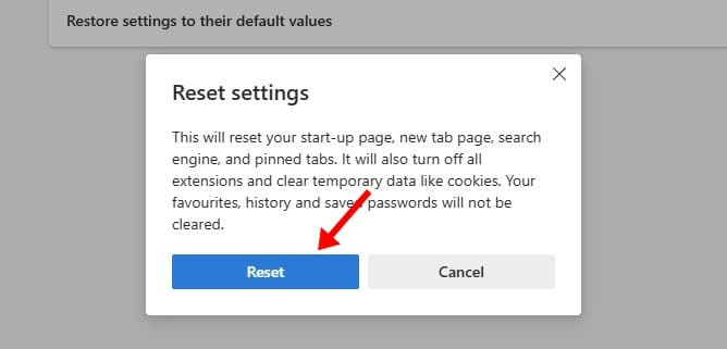 윈도우 엣지 설정 메뉴의 리셋 버튼