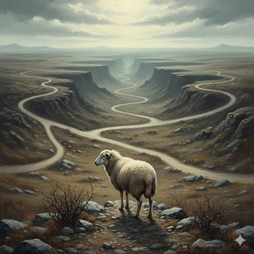 갈림길에 선 양: 다기망양의 핵심 메시지를 담은 이미지