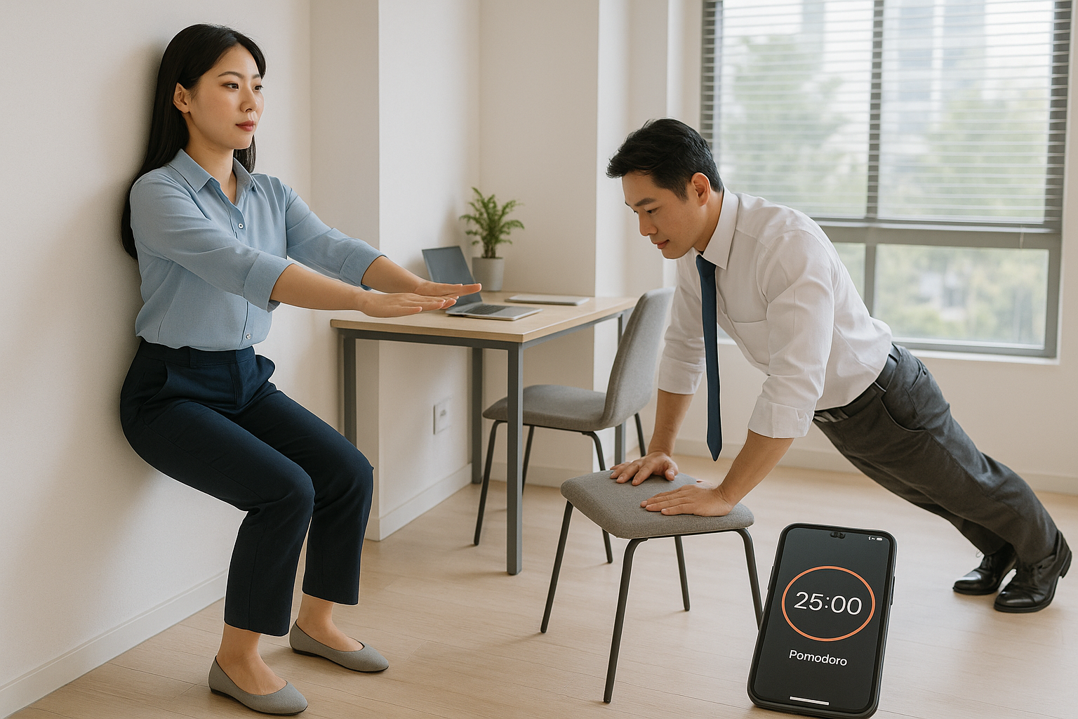 사무실에서 운동하는 직장인