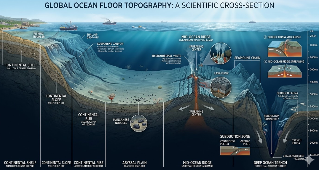 해저 지형 단면 도식 — 대륙붕·대륙사면·심해평원·해령·해구의 구조와 깊이 비교 인포그래픽