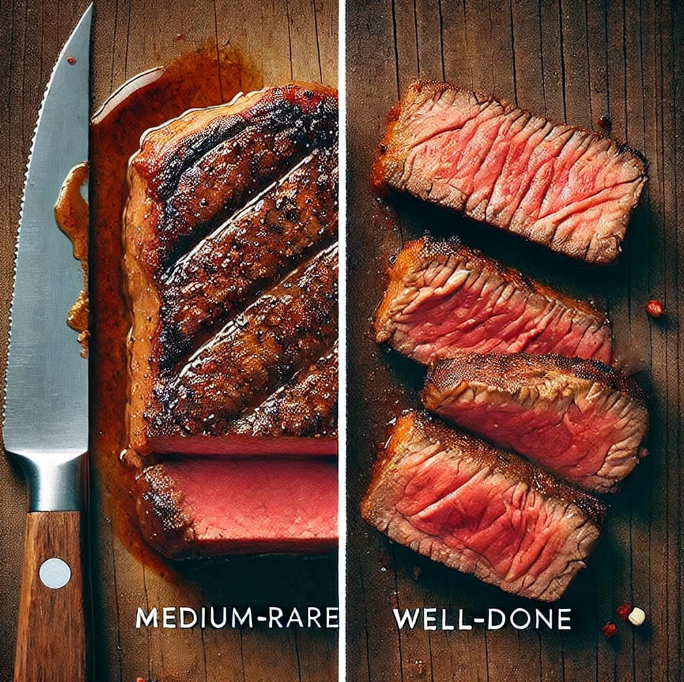 미디움레어와 웰던 의 굽기 차이를 보여주는 사진