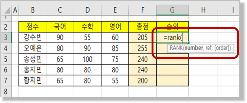 등호(&quot;=&quot;) 및 함수명 입력