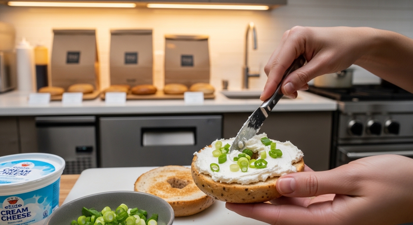 현대적이고 잘 정리된 주방에서 크림치즈 쪽파 베이글을 준비하는 과정의 클로즈업 샷입니다. 갓 썬 쪽파와 크리미한 백색 크림치즈가 구운 통밀 베이글 위에 발릴 준비가 되어 있습니다. 배경에는 미니멀한 포장 공간이 있어 간편함을 강조합니다. 고해상도 사진.