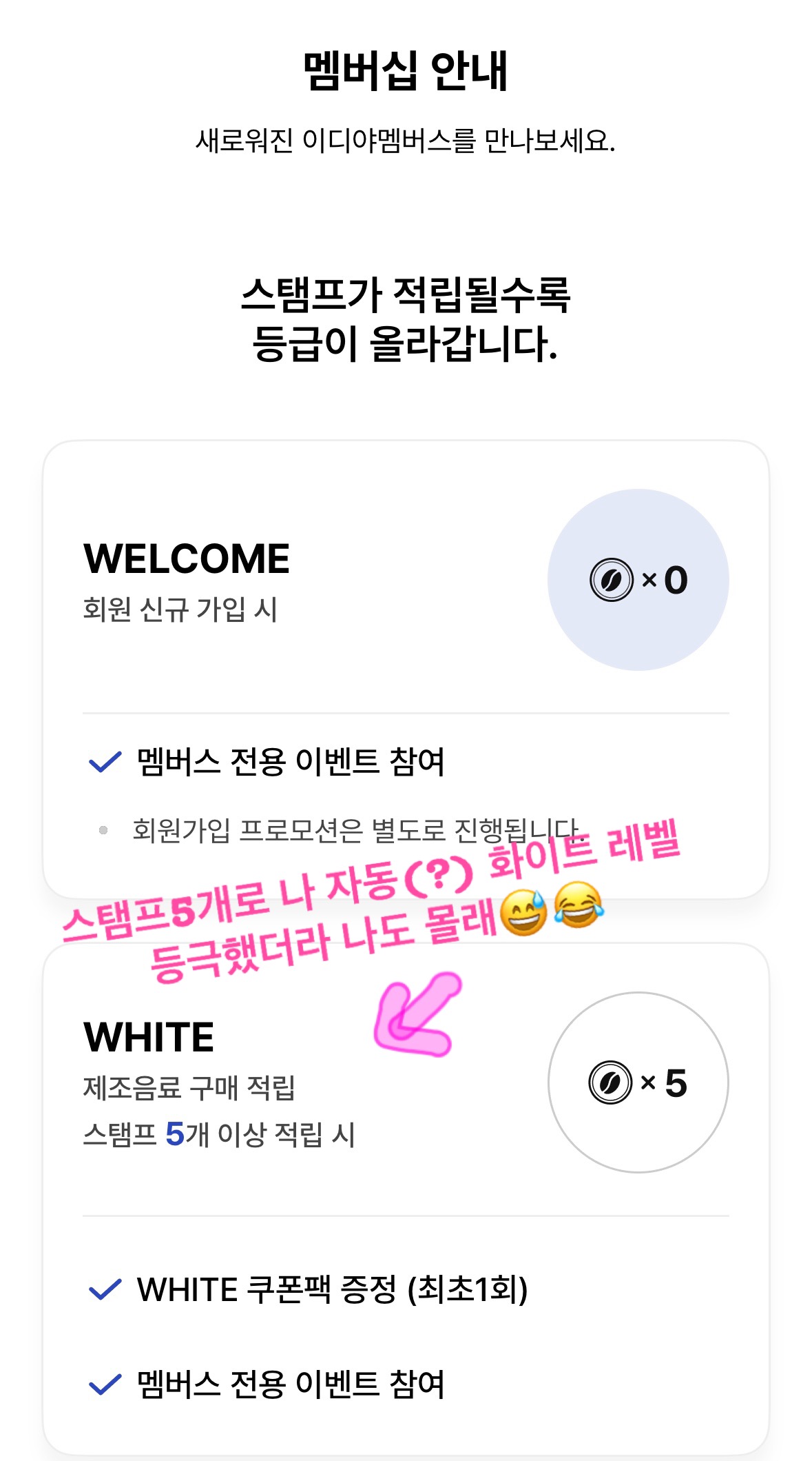 이디야 멤버십 안내 화면 캡처, 스탬프 5개 이상 적립 시 화이트 등급으로 올라가는 기준 설명