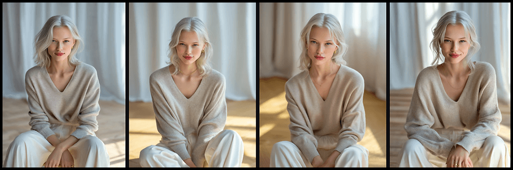 Midjourney OREF 프롬프트 예시, OW 400 값을 사용하여 슬림하고 우아한 프레임, 편안히 앉은 포즈, 루즈핏 베이지 스웨터를 입은 여성 인물 이미지_Midjourney