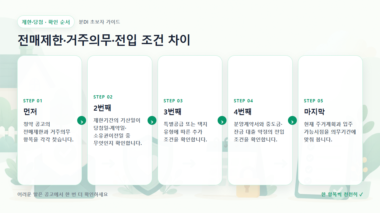 전매제한·거주의무·전입 조건 차이 확인 순서를 다섯 단계로 보여주는 흐름도