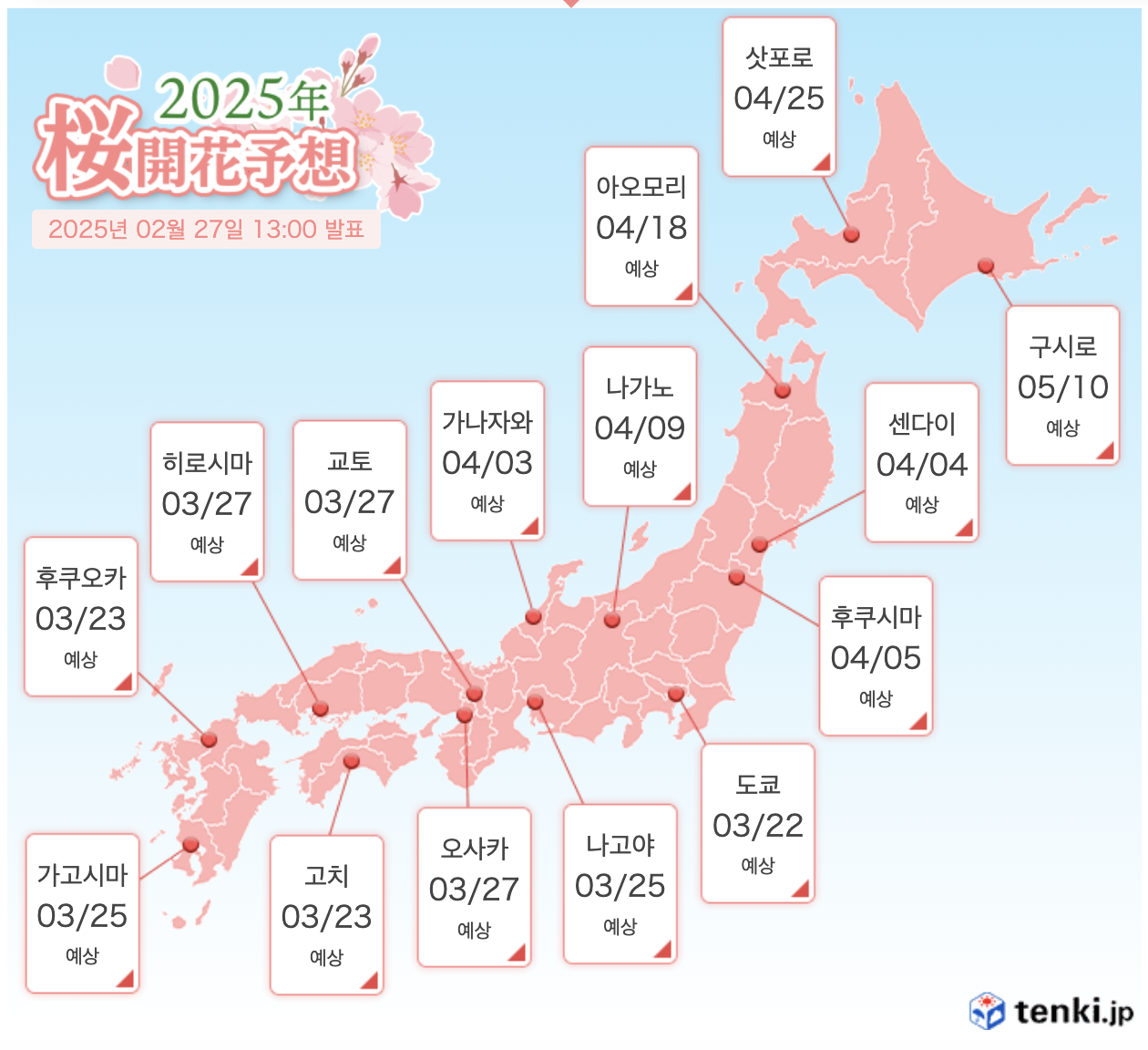 2025 일본 벚꽃 개화시기 만개시기 벚꽃 명소 여행 오사카 후쿠오카 도쿄