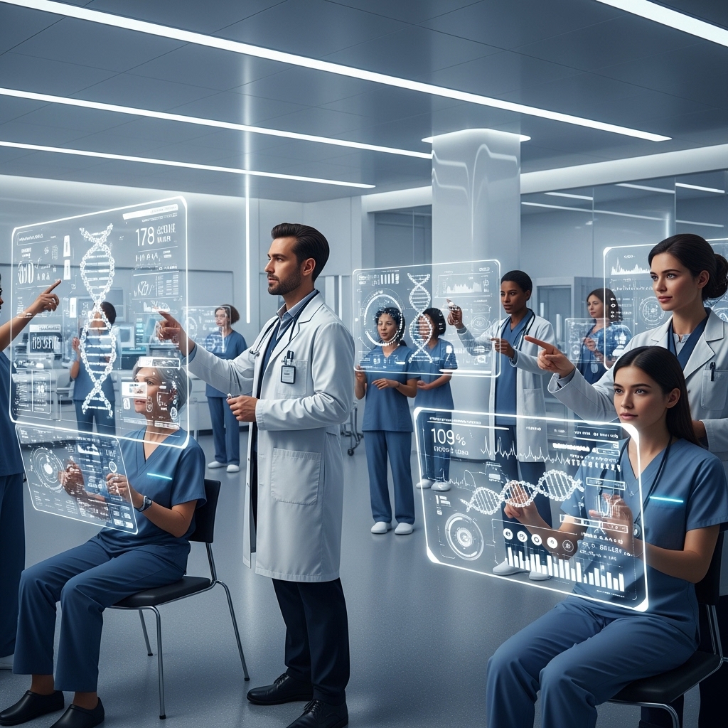 미래형 병원 또는 연구실에서 다양한 사람들이 개인 맞춤형 건강 데이터를 확인하고, 의사 또는 연구원이 DNA와 건강 지표를 보여주는 홀로그램 화면을 설명하는 모습. 혁신적이고 개인화된 헬스케어의 비전을 담고 있습니다.