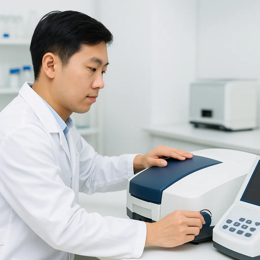 UV 스펙트로미터를 조작하는 실험자 모습