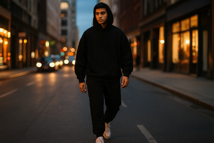 한국 스트리트웨어 스타일을 보여주는 도시 배경 패션 룩 이미지