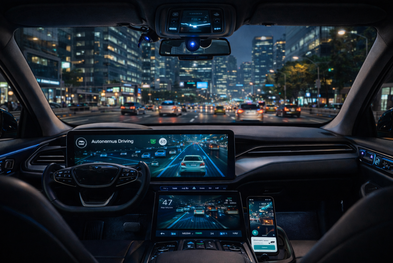 자율주행 시스템이 차량 내부 센서와 데이터를 기반으로 사람 없이도 안정적으로 주행하는 구조를 보여주는 장면