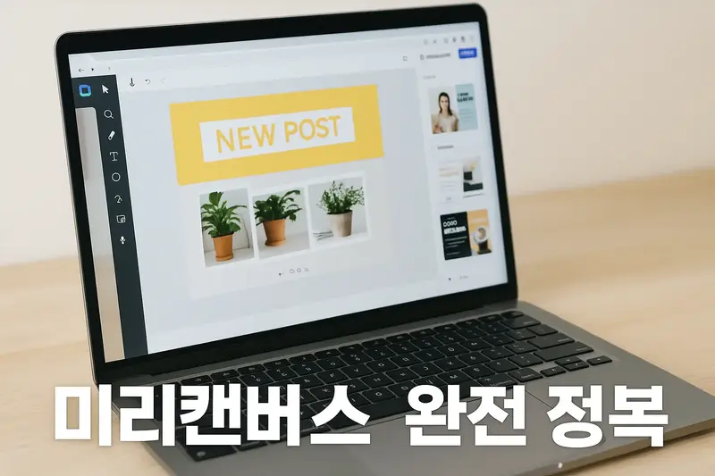 미리캔버스를 활용하여 노트북으로 쉽고 즐겁게 디자인 작업을 하는 모습, 창의적인 아이콘과 디자인 요소들이 주변에 있어 디자인 초보도 전문가처럼 보이는 과정을 시각적으로 표현.
