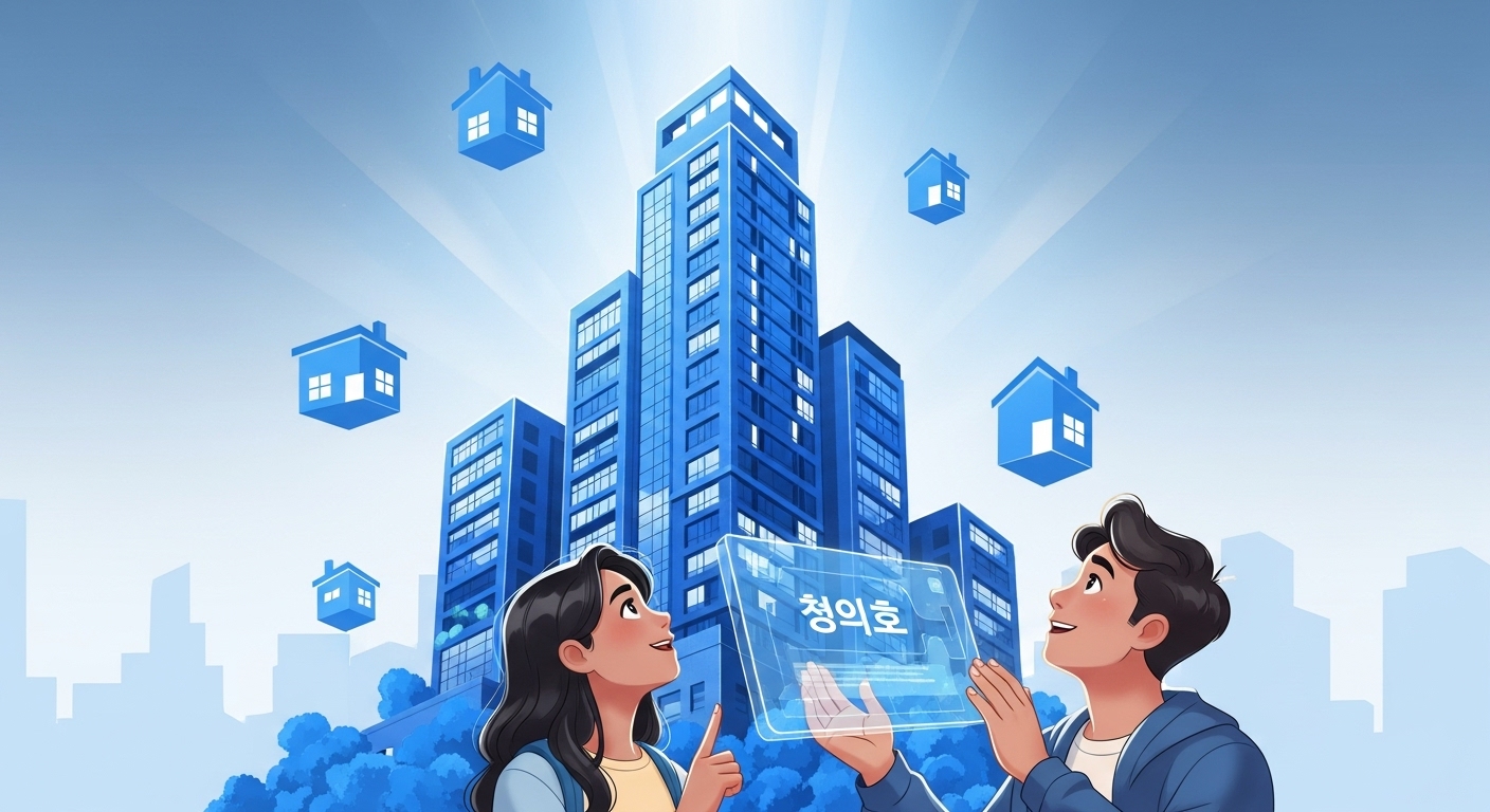 2025년 최신 아파트 청약 정보를 살펴보는 밝은 표정의 젊은 부부, 청약홈 화면이 보이는 태블릿과 푸른색 모던 아파트가 배경에 있습니다.