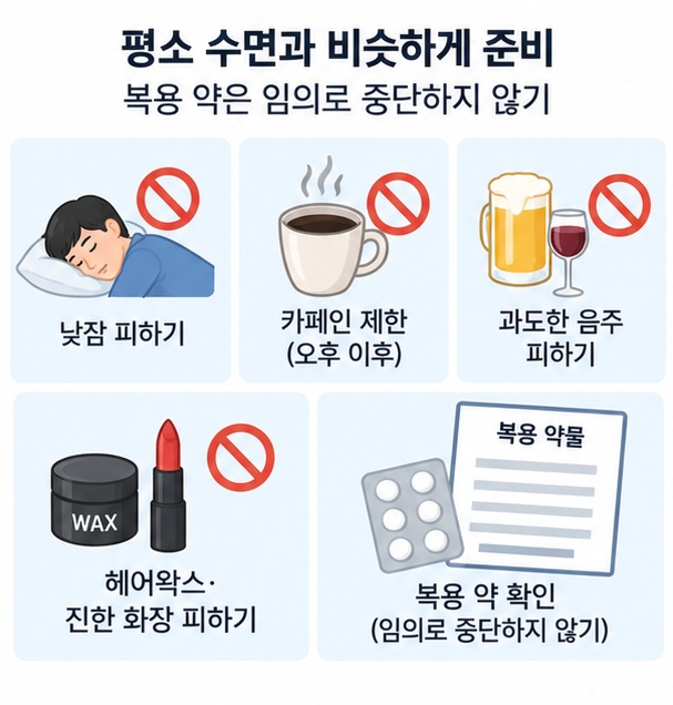 수면다원검사 전 낮잠과 카페인, 음주를 피하고 복용 약을 확인하는 준비사항 이미지
