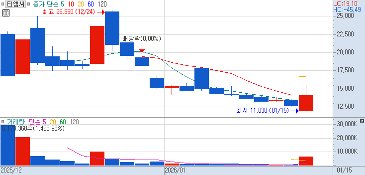 217590 : 티엠씨 주식 장중 주가 차트 26.01.15