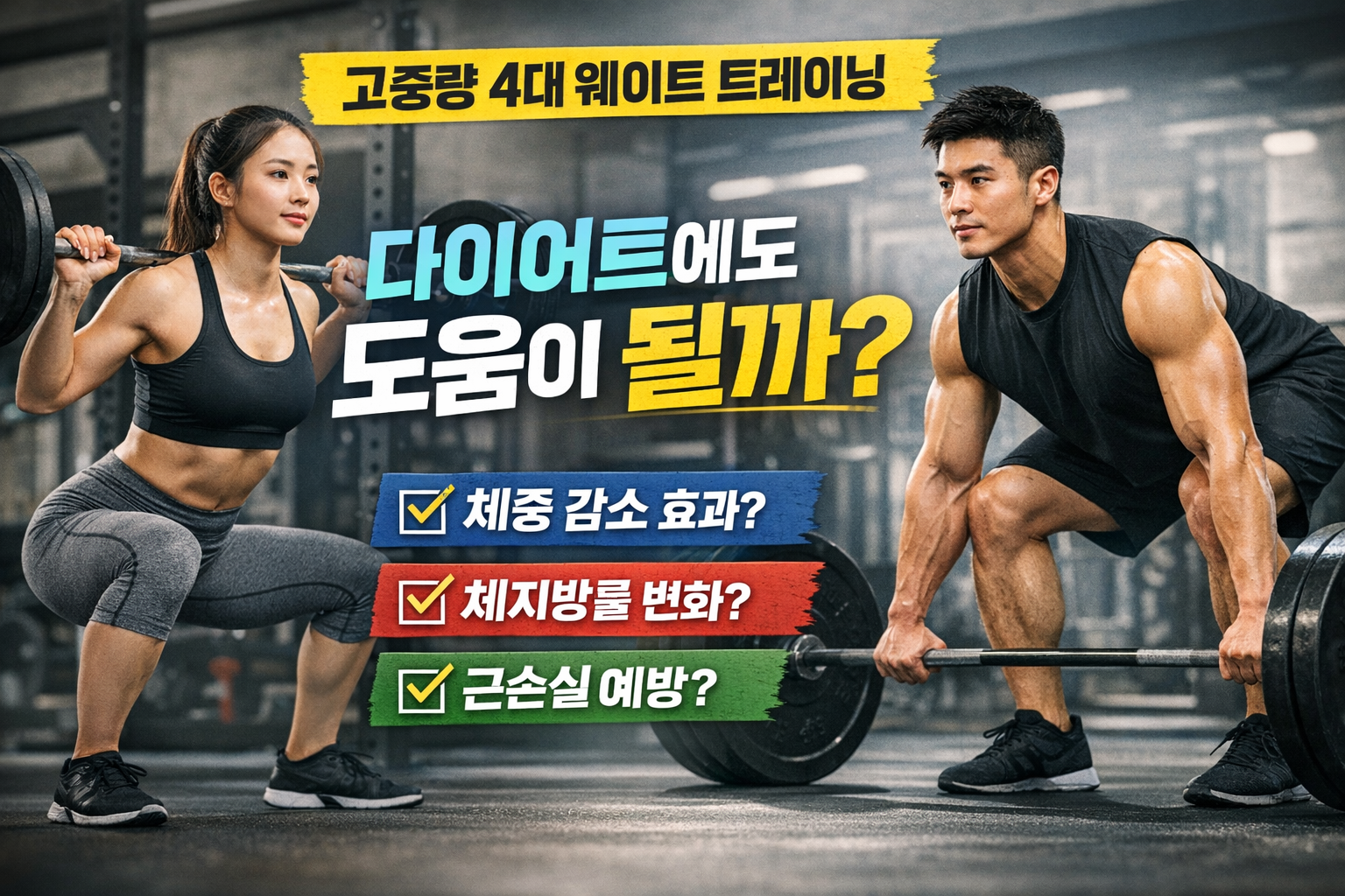 짐 배경에서 스쿼트와 데드리프트 자세를 보여주는 남녀 운동 이미지와 함께 고중량 4대 웨이트 트레이닝의 다이어트 효과, 체지방률 변화, 근손실 예방 문구가 들어간 썸네일
