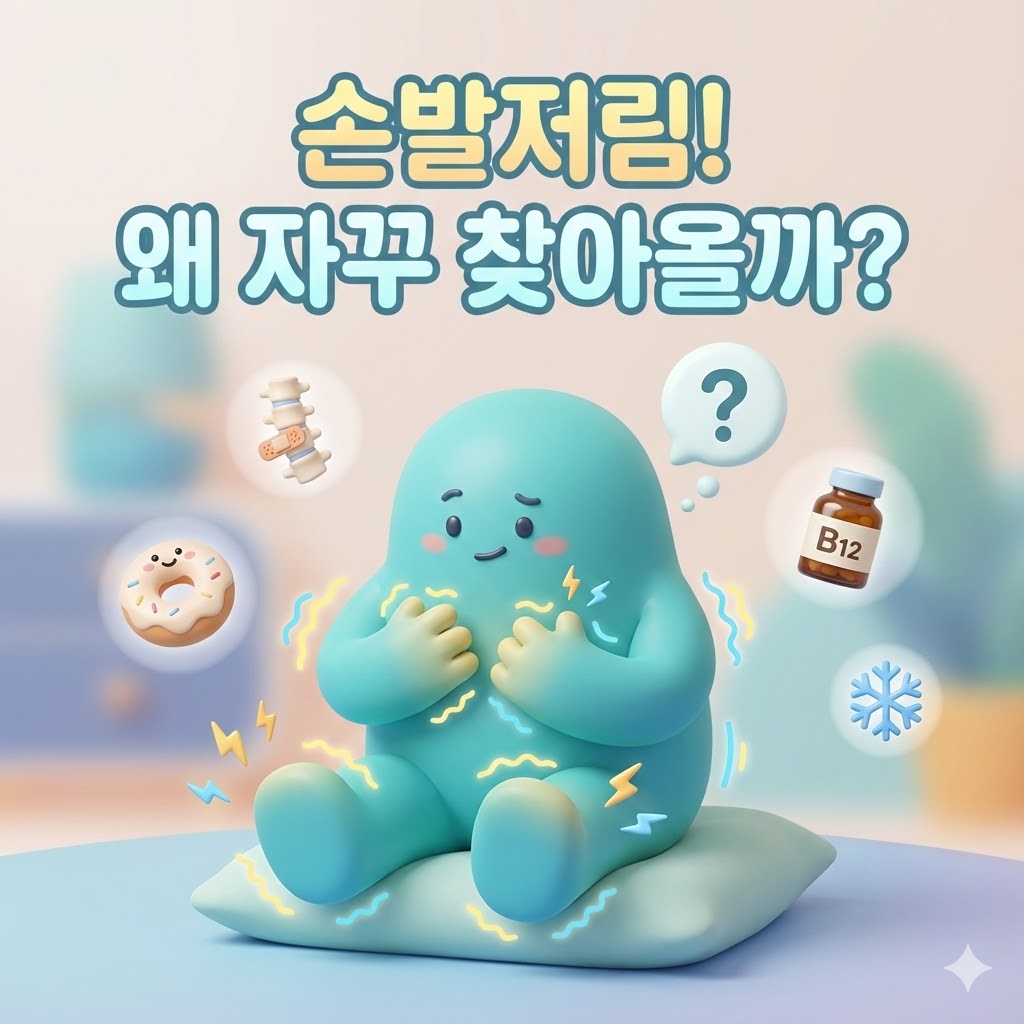 손발저림 원인을 설명하는 귀여운 3D 카툰 일러스트. 찌릿한 손과 발을 잡고 의아해하는 캐릭터와 함께 디스크, 당뇨, 비타민 부족, 추위 등 주요 원인을 상징하는 아기자기한 아이콘들이 그려져 있습니다.