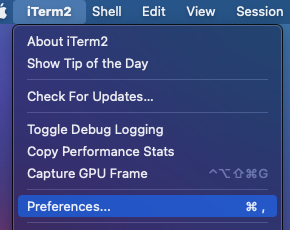 iterm2의 preferences를 클릭하는 모습