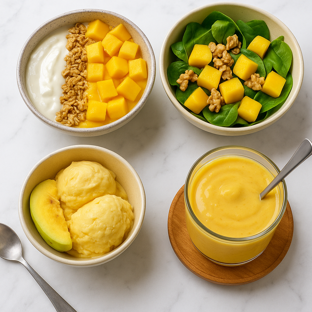 포포열매를 활용한 요거트, 샐러드, 아이스크림, 스무디 음식 모음.