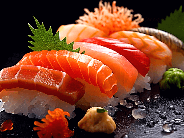 검정 접시에 일본의 스시 6개가 나란히 있다. 연어와 생선살을 밥 위에 올린 스시다.