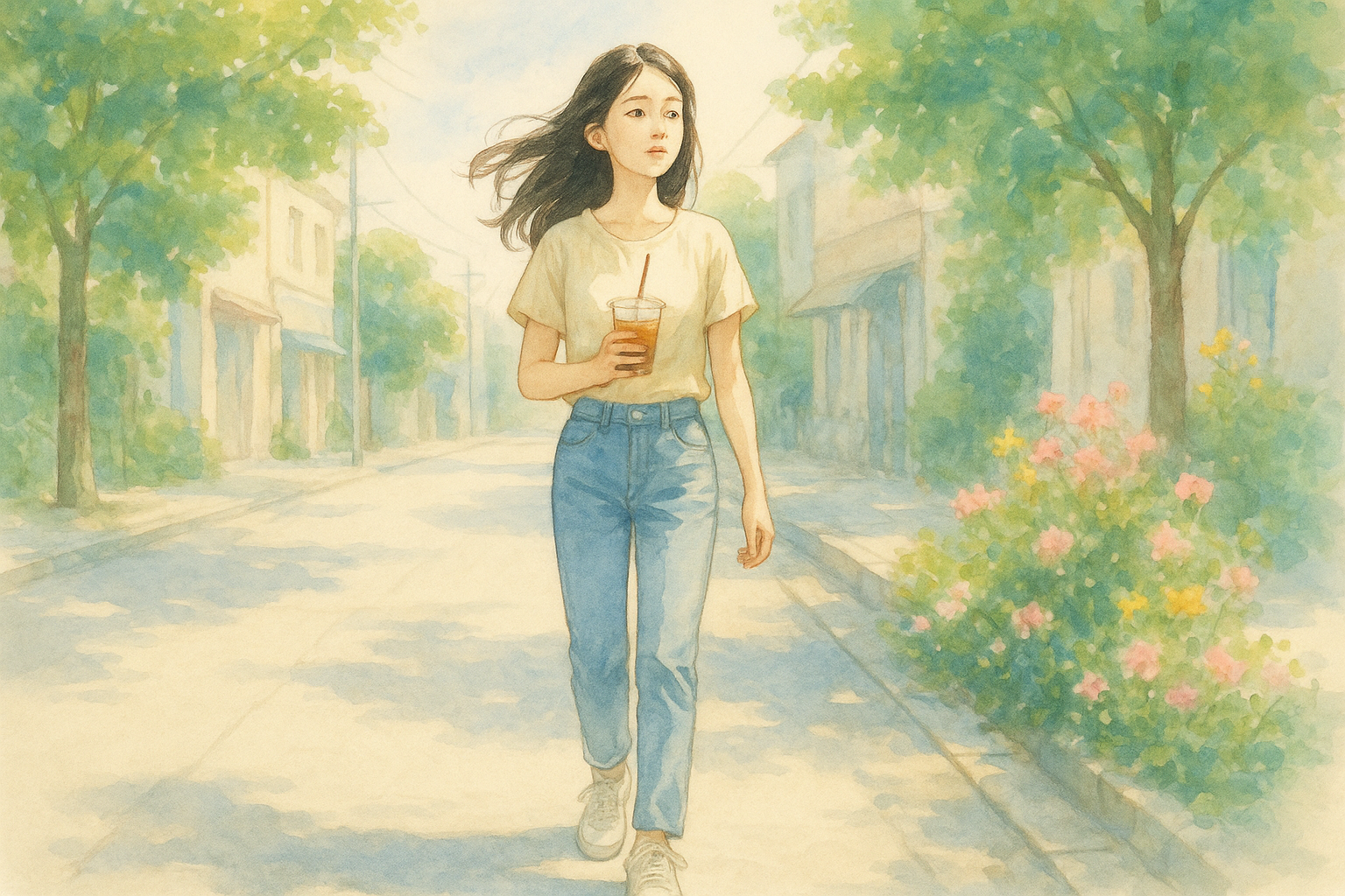 청바지를 입은 여성이 아이스커피를 들고 초여름 거리에서 걷고 있는 수채화 일러스트