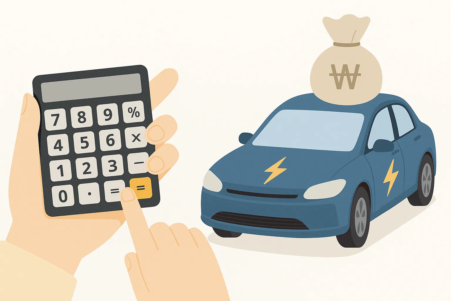 전기차 세금 계산을 표현한 일러스트, 계산기와 번개 마크가 있는 파란색 전기차