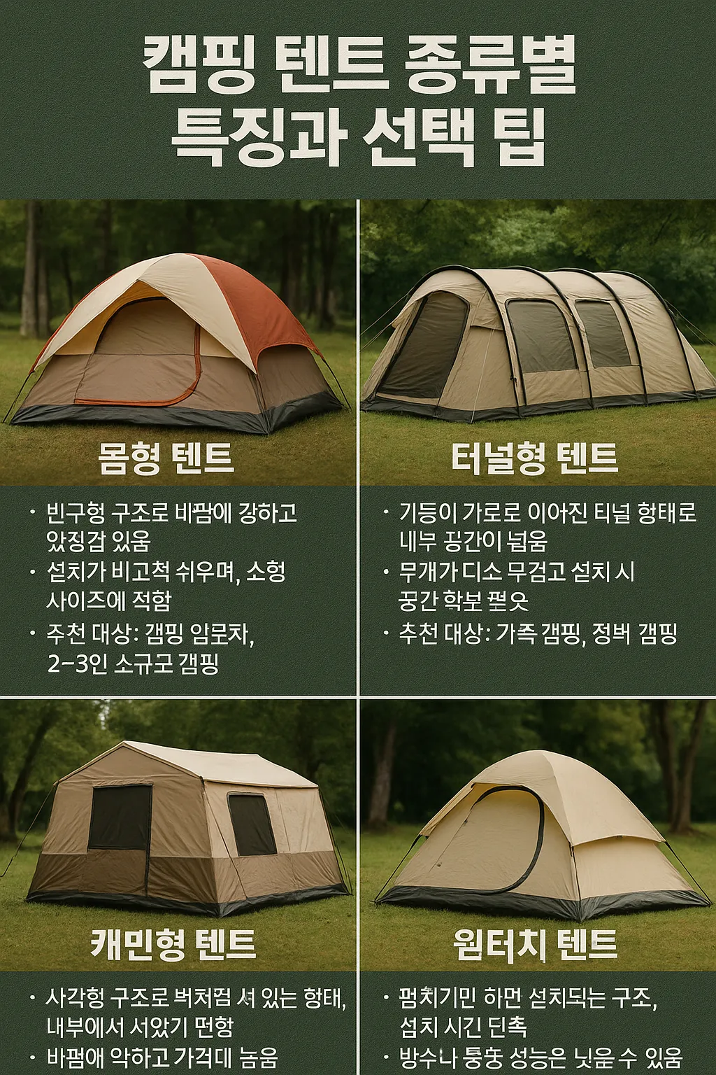 캠핑 텐트 종류별 특징 사진