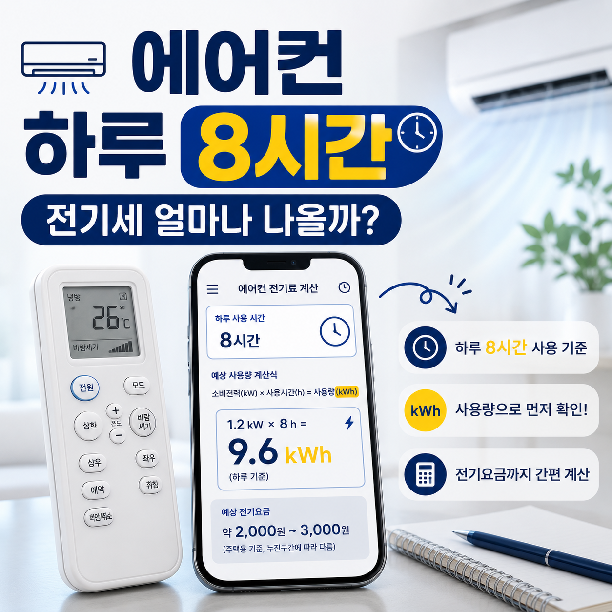에어컨 리모컨과 계산기로 하루 8시간 전기세를 계산하는 모습