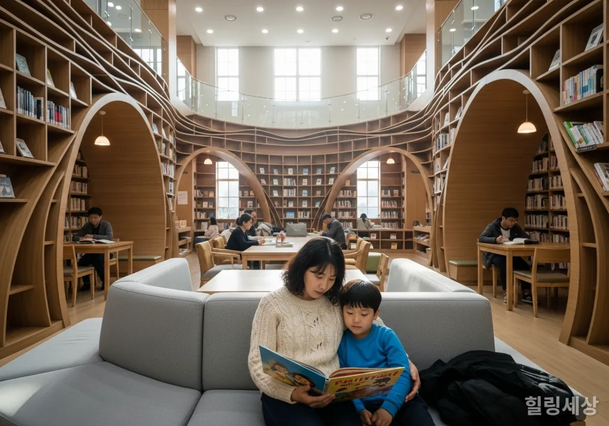 서울의 현대적인 공공 도서관 어린이 열람실에서 아이에게 책을 읽어주는 엄마의 모습