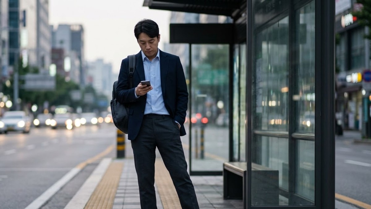 버스 정류장에서 한쪽 다리에 체중을 싣고 짝다리로 선 남성