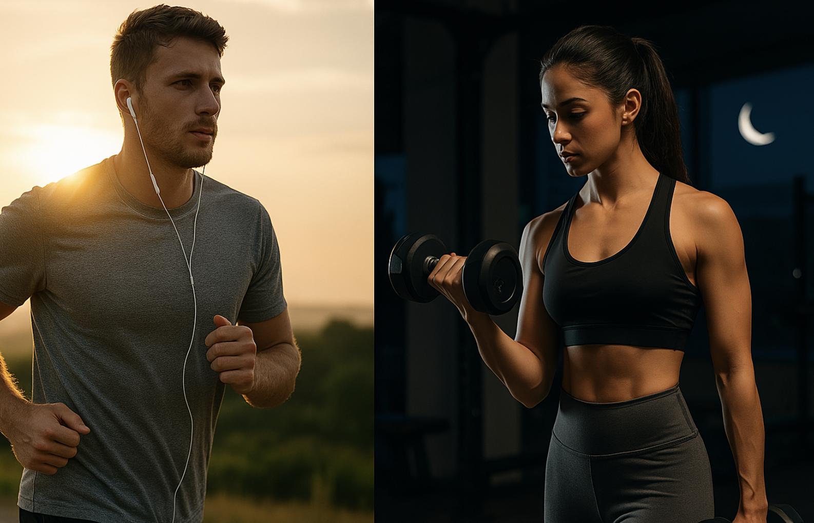 아침 햇살을 받으며 달리는 남성과 저녁 헬스장에서 웨이트 트레이닝을 하는 여성의 모습을 나란히 담은 이미지.