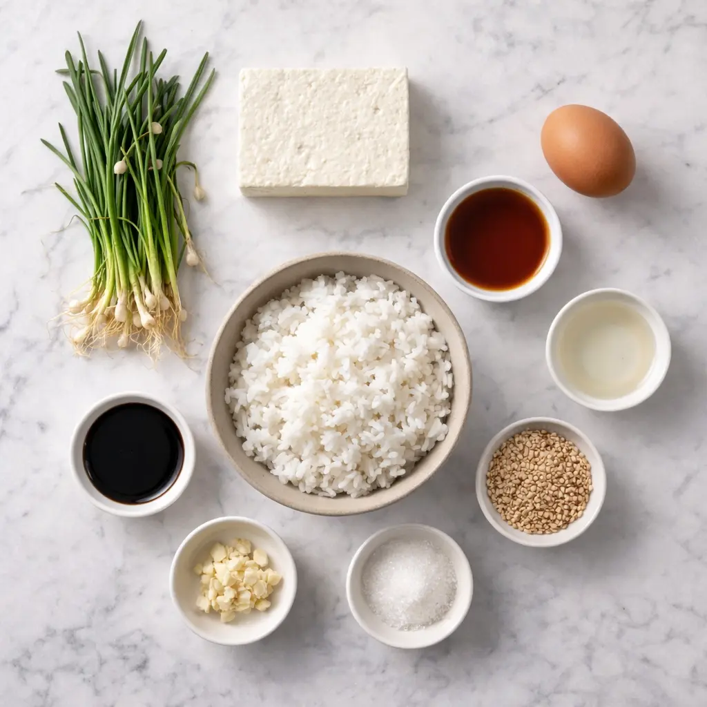 달래간장두부비빔밥 재료 준비 - 달래, 두부, 달걀, 밥, 간장 양념 재료들을 위에서 내려다본 모습