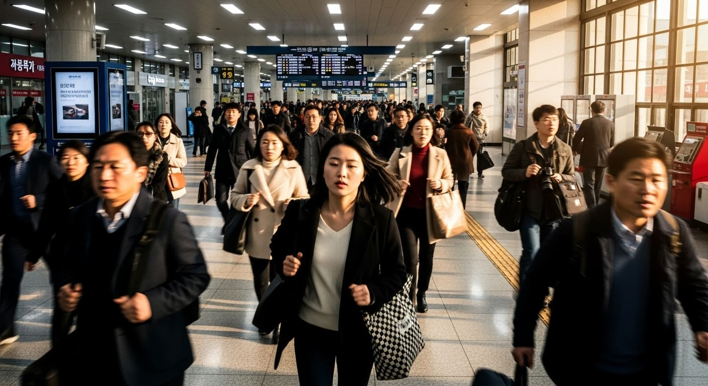 혼잡한 역사 내부&amp;#44; 많은 인파가 이동하는 모습