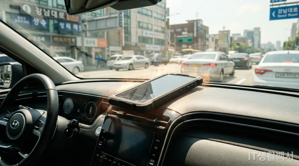 직사광선 아래 두꺼운 케이스에 갇혀 발열되는 스마트폰