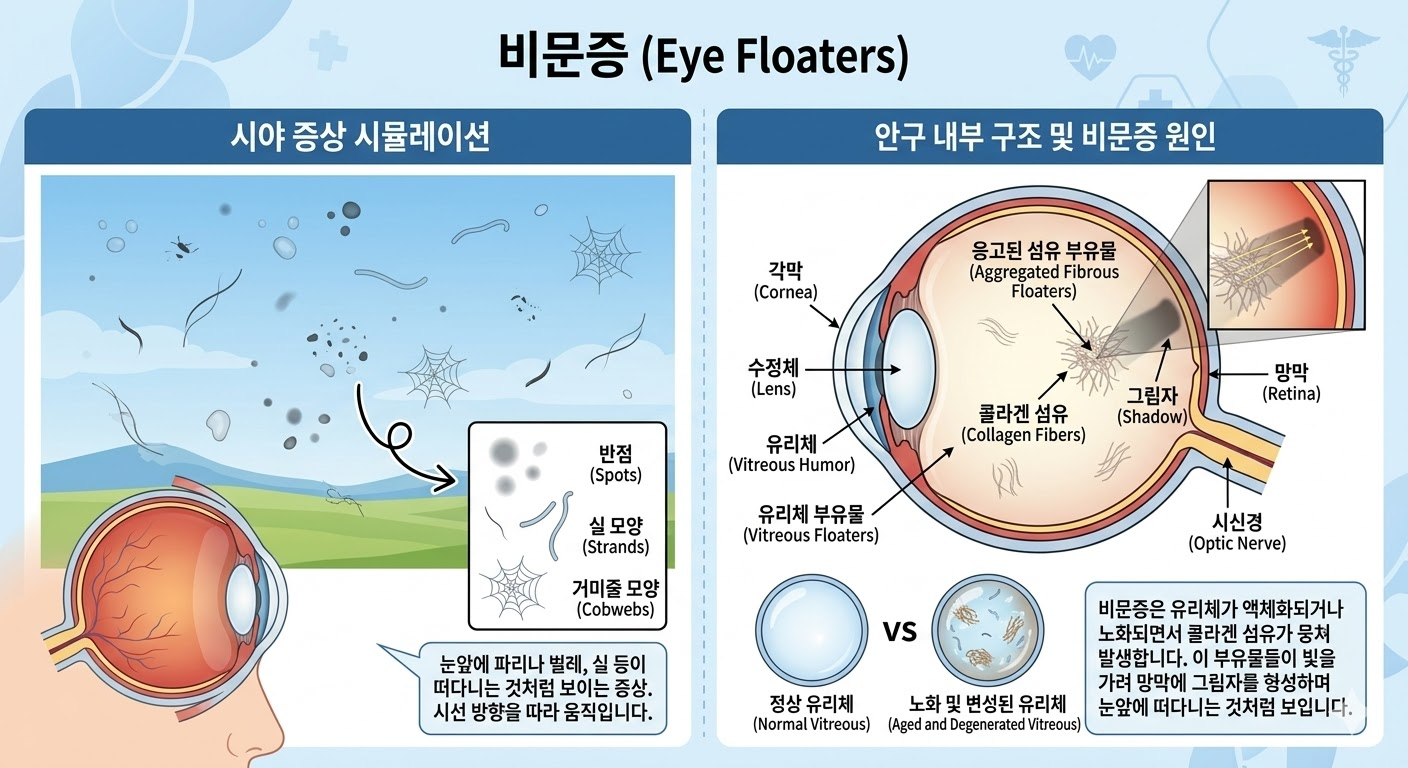 비문증 증상과 안구 내부 구조 설명 그림