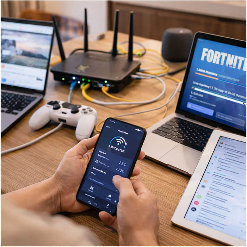 노트북과 여러 디지털 기기가 동시에 연결된 환경에서 인터넷 사용 상태를 점검하는 모습