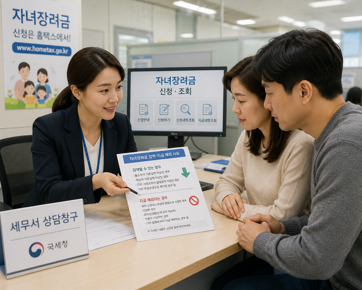 세무서 상담창구에서 감액 사유와 지급 제외 내용을 문의하는 장면