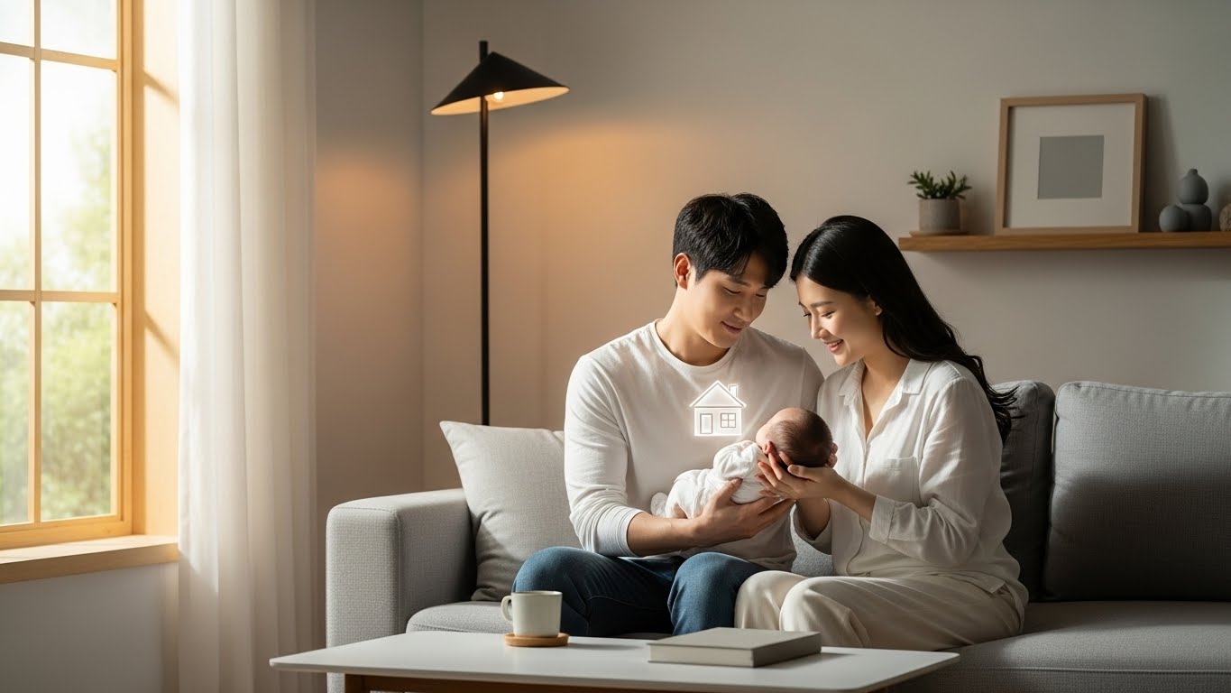 신생아 특례대출을 받아 내 집 마련에 성공한 행복한 신혼부부와 아기