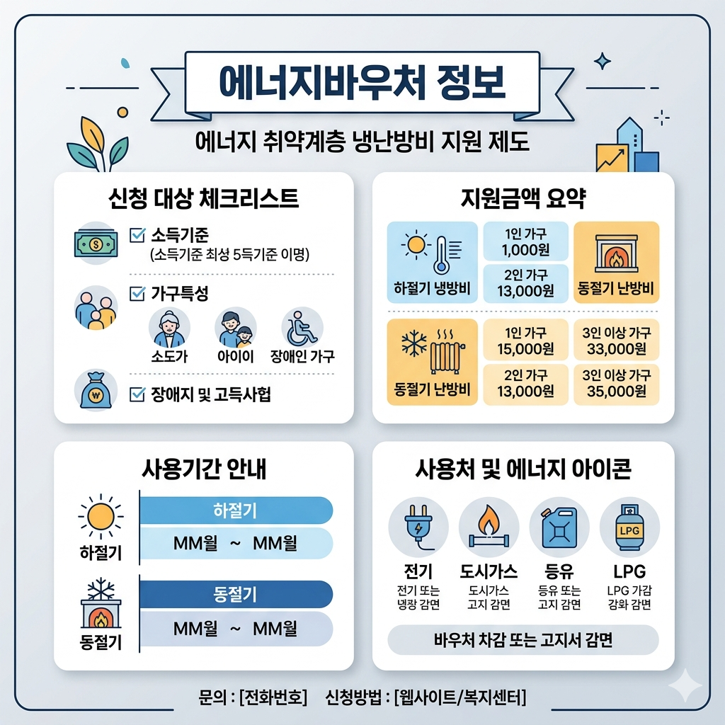 에너지바우처 신청 방법&middot;대상&middot;지원금액&middot;사용기간 인포그래픽