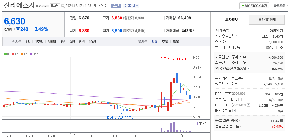 나경원 관련주 신라에스지 주가 차트