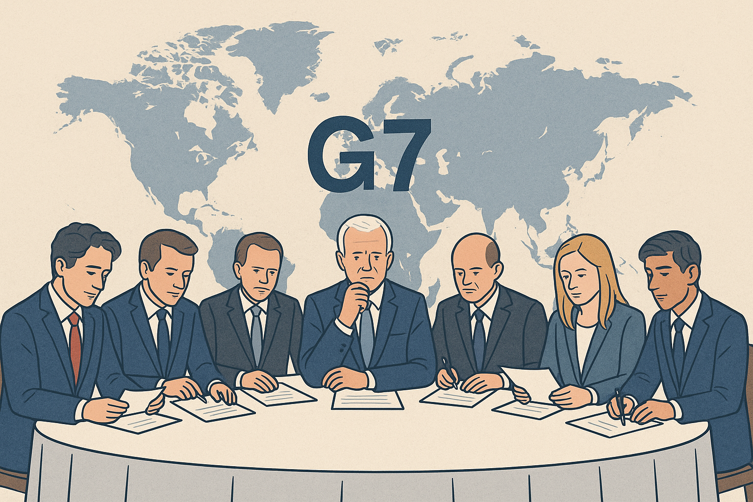 세계지도와 g7 국가 정상들이 회의 하는 모습